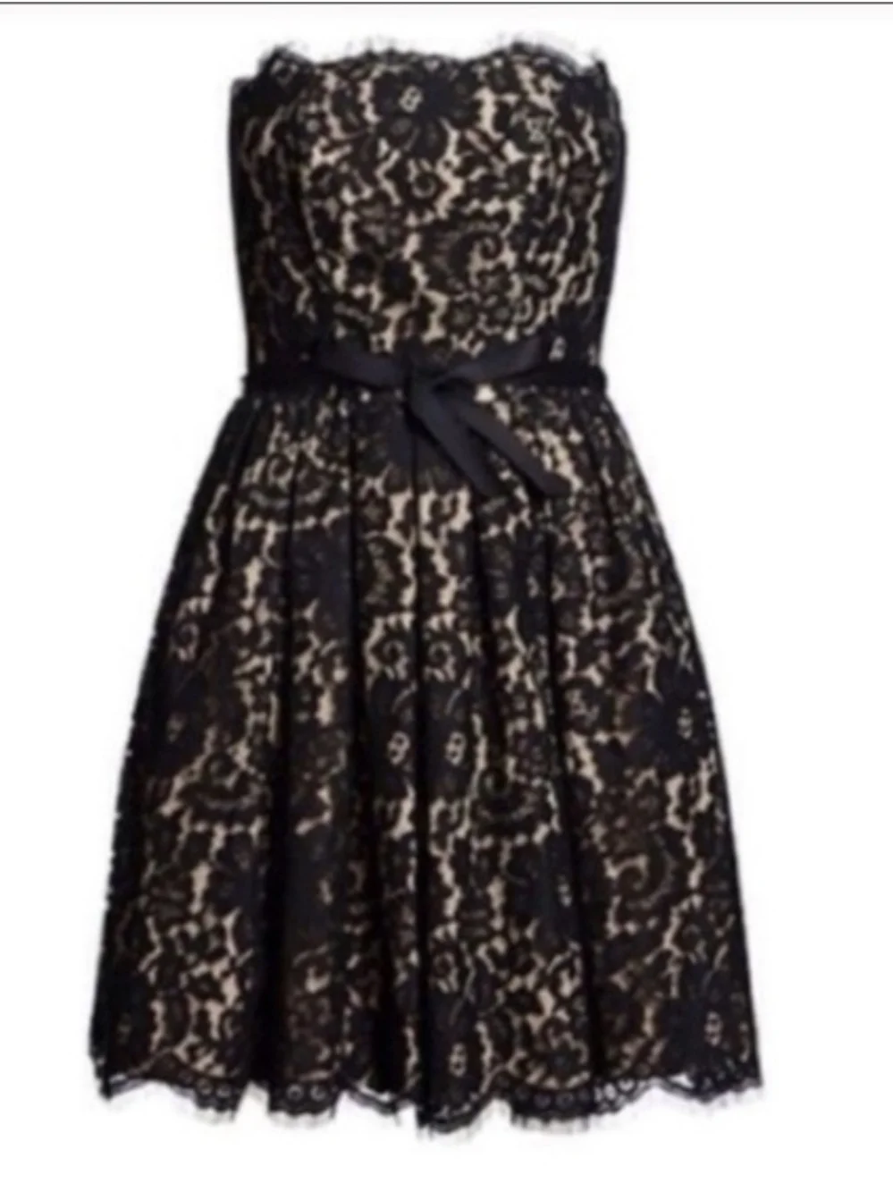 Strapless Black Lace Dress with Cream Lining and Satin Waist Bow Size 6